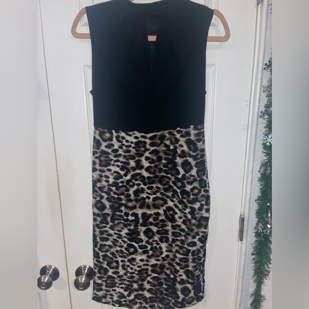 Suzy Shier Black and Leopard Print Midi Dress Sz M